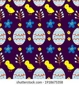 Easter pattern with eggs, flowers, chickens, willow on a dark background. Pattern for Easter holiday, textile, fabric, background, packaging paper.