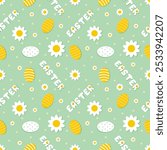 Easter pattern of eggs and flowers on light green background. Yellow and white eggs, daisy flowers and Easter lettering. The pattern is playful and cheerful, evoking a sense of joy. Perfect for