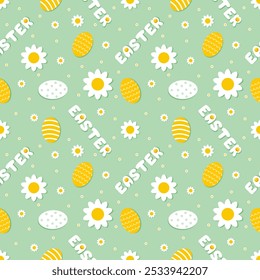 Easter pattern of eggs and flowers on light green background. Yellow and white eggs, daisy flowers and Easter lettering. The pattern is playful and cheerful, evoking a sense of joy. Perfect for