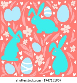Easter pattern with eggs, rabbits and hearts. Happy Easter design in pastel colors. Modern design.