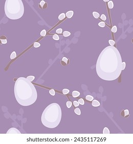 Easter pattern with easter eggs and willow twigs on a lilac background. Vector