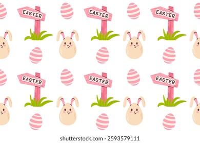 Easter pattern featuring bunny faces, pink eggs, and festive elements. Great for holiday wrapping and decorations.