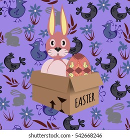 Easter pattern. Floral illustration with chickens and rabbits for decoration traditional holiday symbols