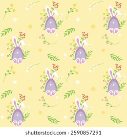 Easter Pattern with Flowers and Rabbit, Repeated, Cute, Concept, Transparent, Yellow Background, Vector