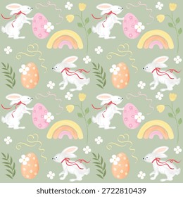 Easter Pattern with Flowers and Rabbits, Cute, Concept, Transparent, Vector