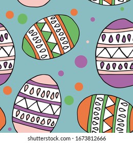 Easter pattern, funny eggs on blue backdrop, various design, wrapping paper, fabric, textile art, vector illustration, hand drawn.