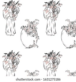 easter pattern, girl holding an easter egg with flowers, festive composition, design for wrapping paper, print for clothing decor, printing products