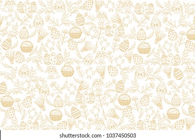 Easter pattern with golden paschal symbols in sketch style. Banner, flyer, brochure, advertising. Layout for holidays, postcards, websites