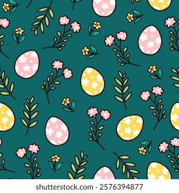 Easter Pattern with Green Leaves, Blooms, and Eggs. Ideal for Easter-themed crafts, greeting cards, digital wallpapers, and spring festival decor, perfect for adding a playful and elegant touch