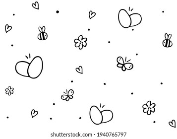 Easter pattern with hand drawn eggs, butterflies, bees, spring flowers. Easter, spring holiday background, wallpaper, wrapping paper, web. Children cute vector doodle illustration isolated on white.