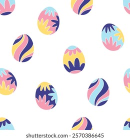 Easter pattern with adored hand drawn easter eggs. Beautiful background or wrapping paper, textile, wallpaper, and prints