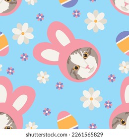 Easter pattern with heads of cat, eggs and flowers on light blue