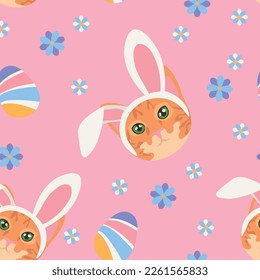 Easter pattern with heads of cat, eggs and flowers on pink backg