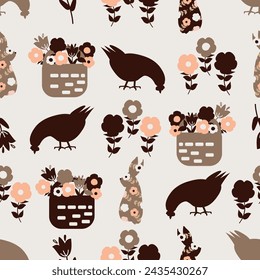 easter pattern with hen, bunny,
 flowers and basket. Vector design for paper, fabric and other surface.