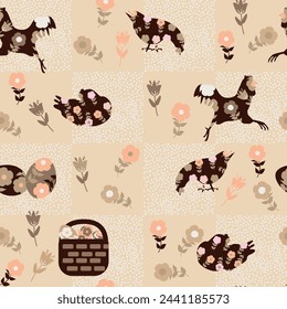 easter pattern with hens, eggs and flowers. Vector design for paper, fabric and other surface.