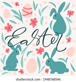 Patrón de Pascua con letras, huevos, conejos y corazones. Feliz diseño de Pascua en colores pastel. Tarjeta de felicitación moderna.