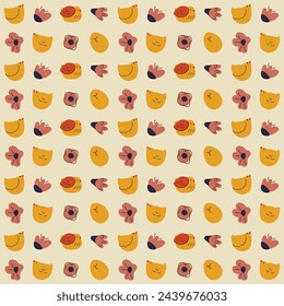 Easter pattern with little chickens, eggs and flowers. Cute spring ornament. Simple, flat. Vector illustration