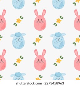 Easter pattern motive cute cartoon characters eggs lamb bunny. Seamless pattern for gift wrapping paper, textile, cover, product packaging, advertising banner, greeting cards.