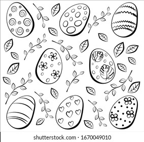 Easter pattern with multi-colored eggs and leavs