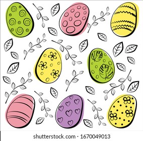 Easter pattern with multi-colored eggs and leavs