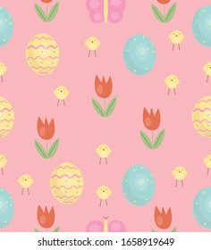 Easter pattern on a pink cute background, with eggs and tulips.