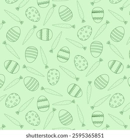 Easter pattern one-color green with drawings of carrots and eggs. Seamless. Outline. Cards. Decorations. Similar. Vector illustration