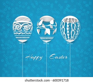 Easter pattern with openwork eggs. Paper art. White traditional symbols on a colored floral background. Festive postcard. Vector illustration of EPS10