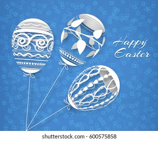 Easter pattern with openwork eggs. Paper art. White traditional symbols on a colored floral background. Festive postcard. Vector illustration of EPS10 