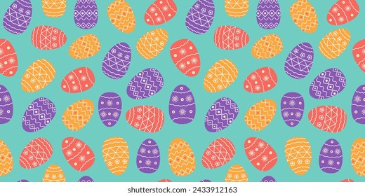  Easter pattern. Painted Easter eggs Set. Holiday decor. Vector seamless background.