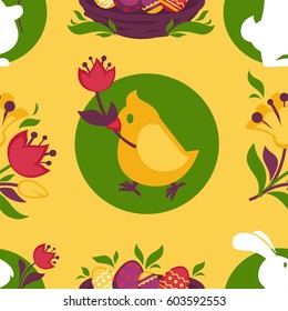 Easter pattern of paschal eggs in wicker basket, bunny rabbit and chicken chick with spring flowers. Vector seamless background for holiday greeting