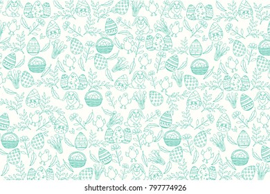 Easter pattern with paschal symbols in sketch style. Banner, flyer, brochure, advertising. Layout for holidays, postcards, websites