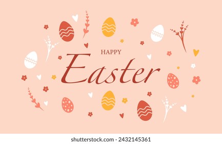Easter pattern in pastel colors with bunnies and eggs on a pink background. Vector horizontal pattern with the inscription "Happy Easter" for your design. Stock illustration EPS 10