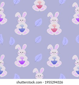 Patrón de Pascua en colores pastel con un conejito de Pascua sosteniendo un huevo en las manos. Adecuado para el diseño de embalajes, textiles, etc.