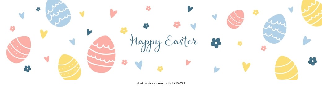 Easter pattern in pastel colors with eggs, flowers, hearts, and "Happy Easter" typographys on a white background. Vector horizontal pattern. Stock illustration EPS 10