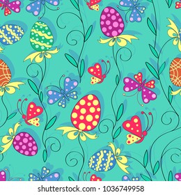 Easter pattern with plant elements, painted eggs and butterflies. Seamless pattern. Design for textile packaging materials, background image for advertising, greeting cards, posters, advertising.