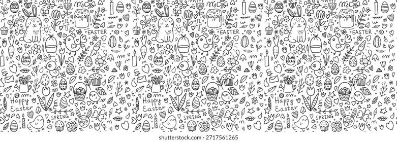 Easter pattern with playful bunnies, decorated eggs, and spring elements. Seamless background perfect for festive designs, children's projects, or seasonal decorations. Black and white