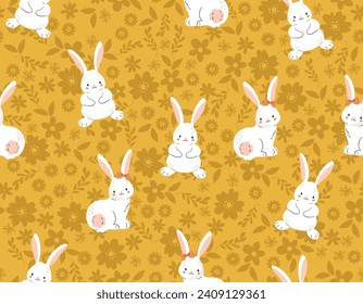 Easter pattern  rabbit bunny, eggs, flowers. Vector Seamless spring seamless background  Baby rabbit animals , Design for fashion , fabric, textile, wallpaper , wrapping and all prints 