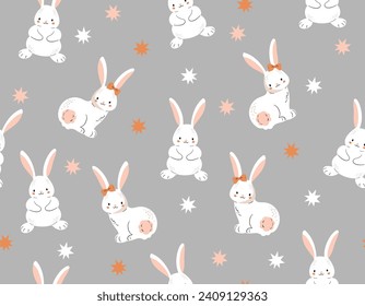 Easter pattern  rabbit bunny, eggs, flowers. Vector Seamless spring seamless background  Baby rabbit animals , Design for fashion , fabric, textile, wallpaper , wrapping and all prints 