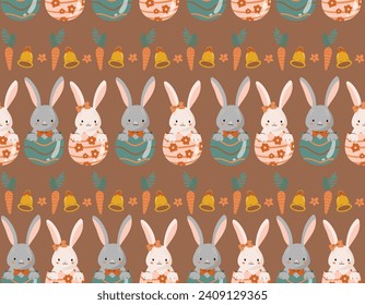 Easter pattern  rabbit bunny, eggs, flowers. Vector Seamless spring seamless background  Baby rabbit animals , Design for fashion , fabric, textile, wallpaper , wrapping and all prints 