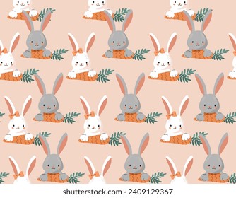 Easter pattern  rabbit bunny, eggs, flowers. Vector Seamless spring seamless background  Baby rabbit animals , Design for fashion , fabric, textile, wallpaper , wrapping and all prints 
