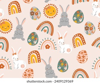 Easter pattern  rabbit bunny, eggs, flowers. Vector Seamless spring seamless background  Baby rabbit animals , Design for fashion , fabric, textile, wallpaper , wrapping and all prints 