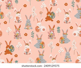 Easter pattern  rabbit bunny, eggs, flowers. Vector Seamless spring seamless background  Baby rabbit animals , Design for fashion , fabric, textile, wallpaper , wrapping and all prints 