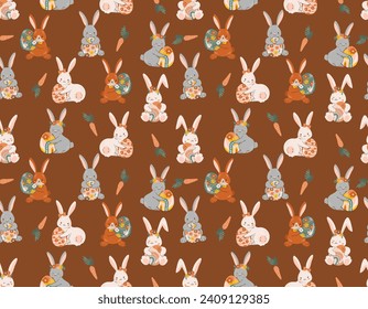 Easter pattern  rabbit bunny, eggs, flowers. Vector Seamless spring seamless background  Baby rabbit animals , Design for fashion , fabric, textile, wallpaper , wrapping and all prints 