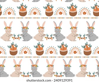 Easter pattern  rabbit bunny, eggs, flowers. Vector Seamless spring seamless background  Baby rabbit animals , Design for fashion , fabric, textile, wallpaper , wrapping and all prints 