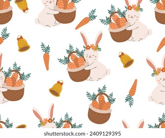 Easter pattern  rabbit bunny, eggs, flowers. Vector Seamless spring seamless background  Baby rabbit animals , Design for fashion , fabric, textile, wallpaper , wrapping and all prints 