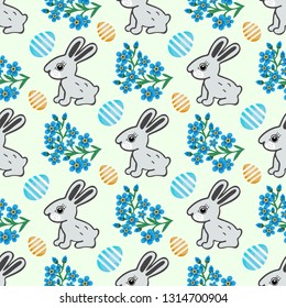 Easter pattern with rabbit, forget-me-nots, eggs. For Easter holiday, postcards, decoration, Wallpaper, textiles, tablecloths, background, wrapping paper-01