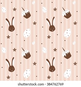 Easter pattern with rabbits Easter cakes and eggs. Vector illustration