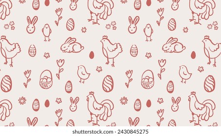 Easter pattern with rabbits, chickens, eggs, and flowers on beige background. Cute hand drawn Easter elements. Pastel colours background. Seamless textile or wallpaper design for spring holidays