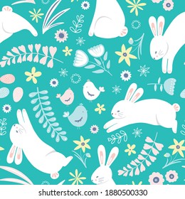 Easter pattern with rabbits and flowers. Cute vector Holiday background of bunnies, chicks and eggs. Vector seamless repeat. 