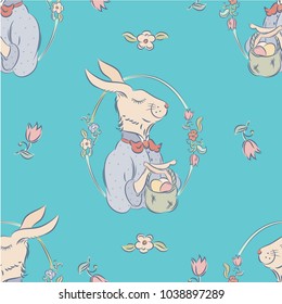Easter pattern. Seamless background with an Easter bunny and a basket of eggs. Can be used for festive decor, background, wallpaper, printing on fabric. Vector illustration